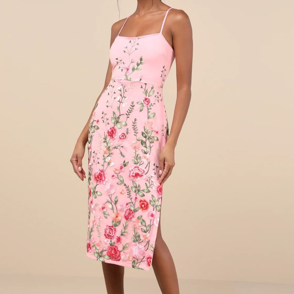 Lulus Blooming For Love Pink Floral Embroidered Midi Dress - NWT, Size Small - Picture 8 of 11